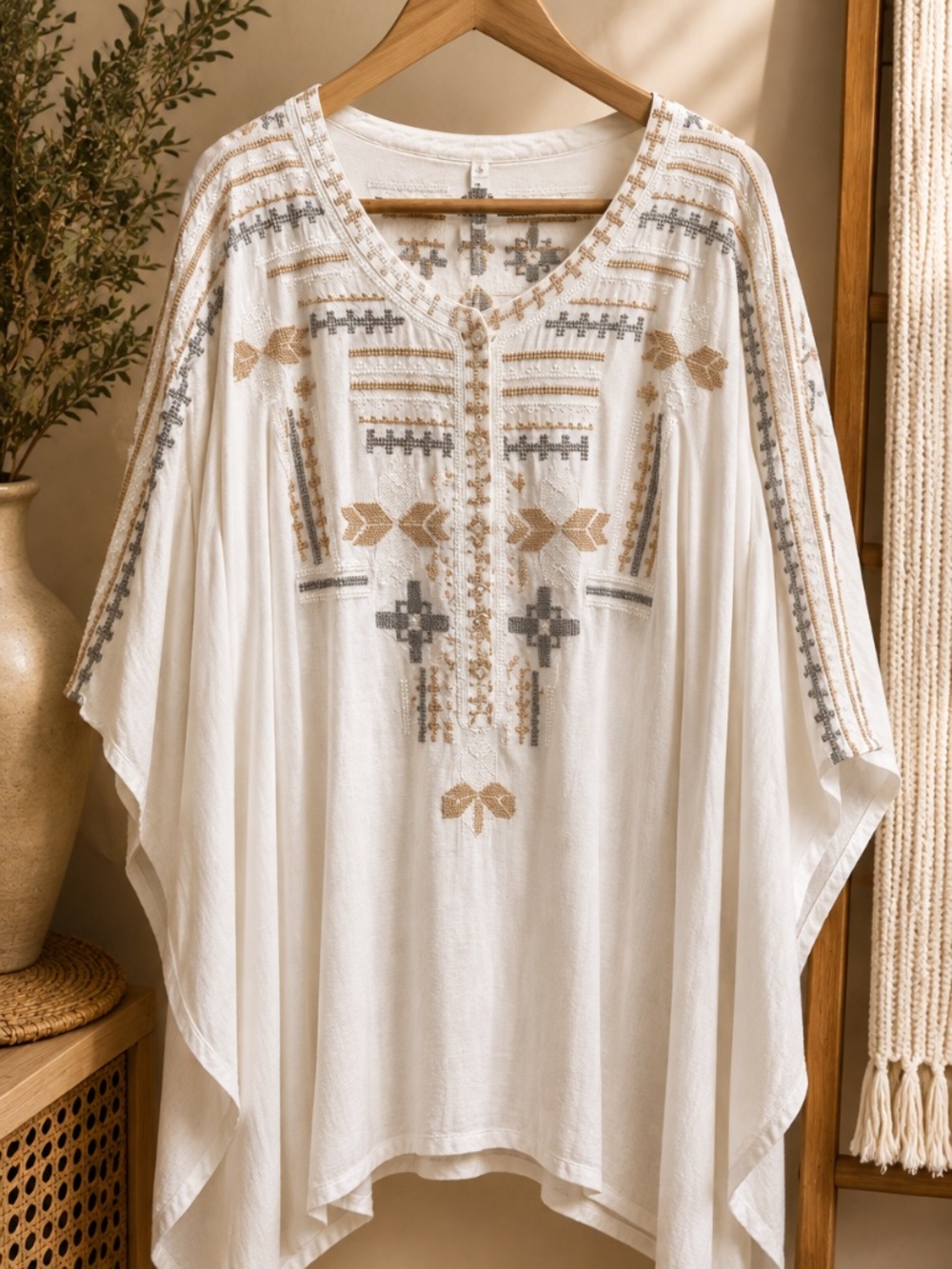 White Boho Embroidered Oversized Handkerchief Tunic Top
